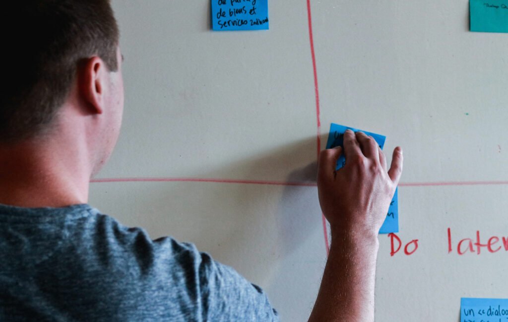 person sticking notes to a board